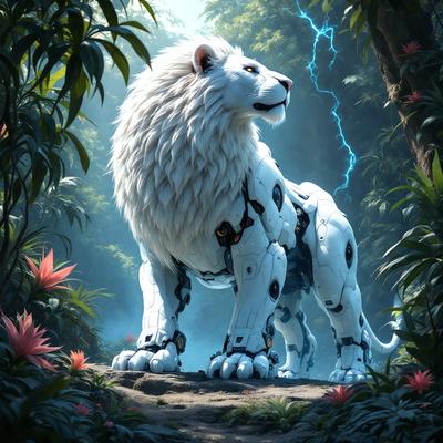 The primary subject of the image is a white lion, which is the main focus of the scene. The lion is standing in a forest, surrounded by trees and plants. The visual style of the image is digital art, as it appears to be a computer-generated or digitally rendered scene. The colors and mood of the image are predominantly green and natural, with the lion standing out as the main subject.